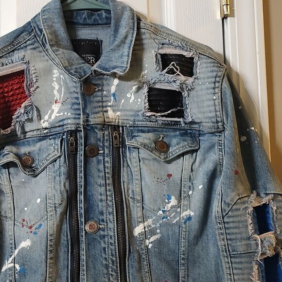 Cooper Rivet distressed denim paint splash jean multi media jacket Sz S - Picture 4 of 11